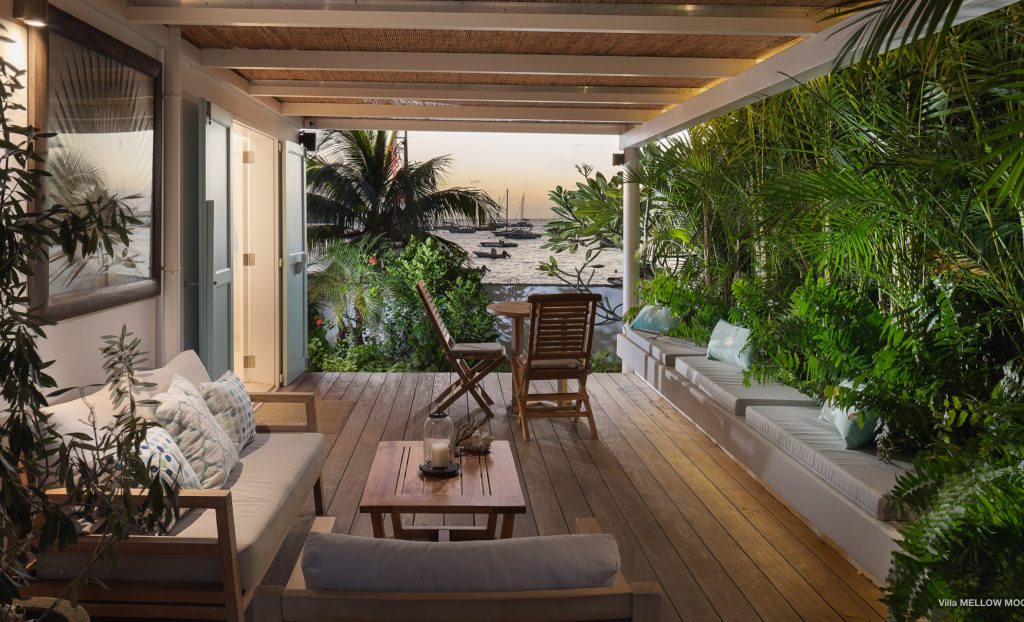 Modern villa terrace with tropical garden at Mellowmood Villa St Barth